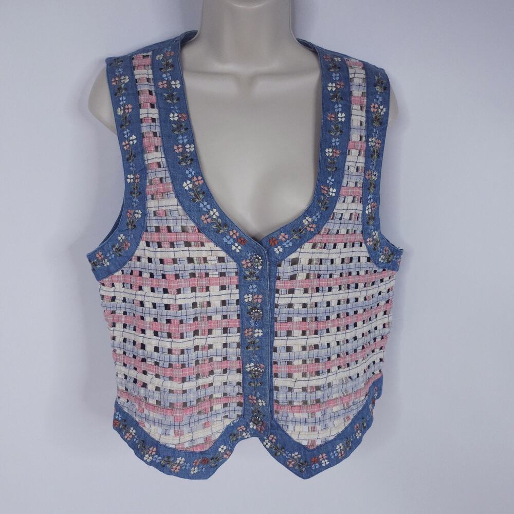 New Directions Womens Denim Vest Large Blue Pink Open Weave Embroidery Boho